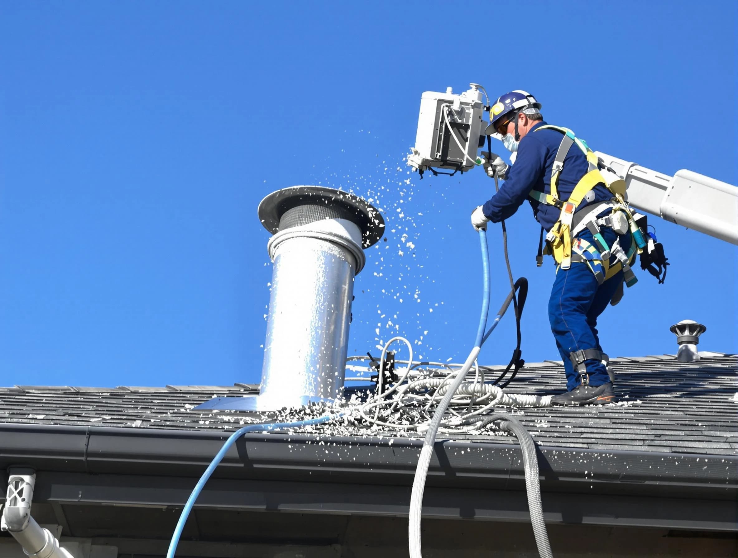 Portland Dryer Vent Cleaning certified technician safely cleaning a roof-mounted dryer vent in Portland