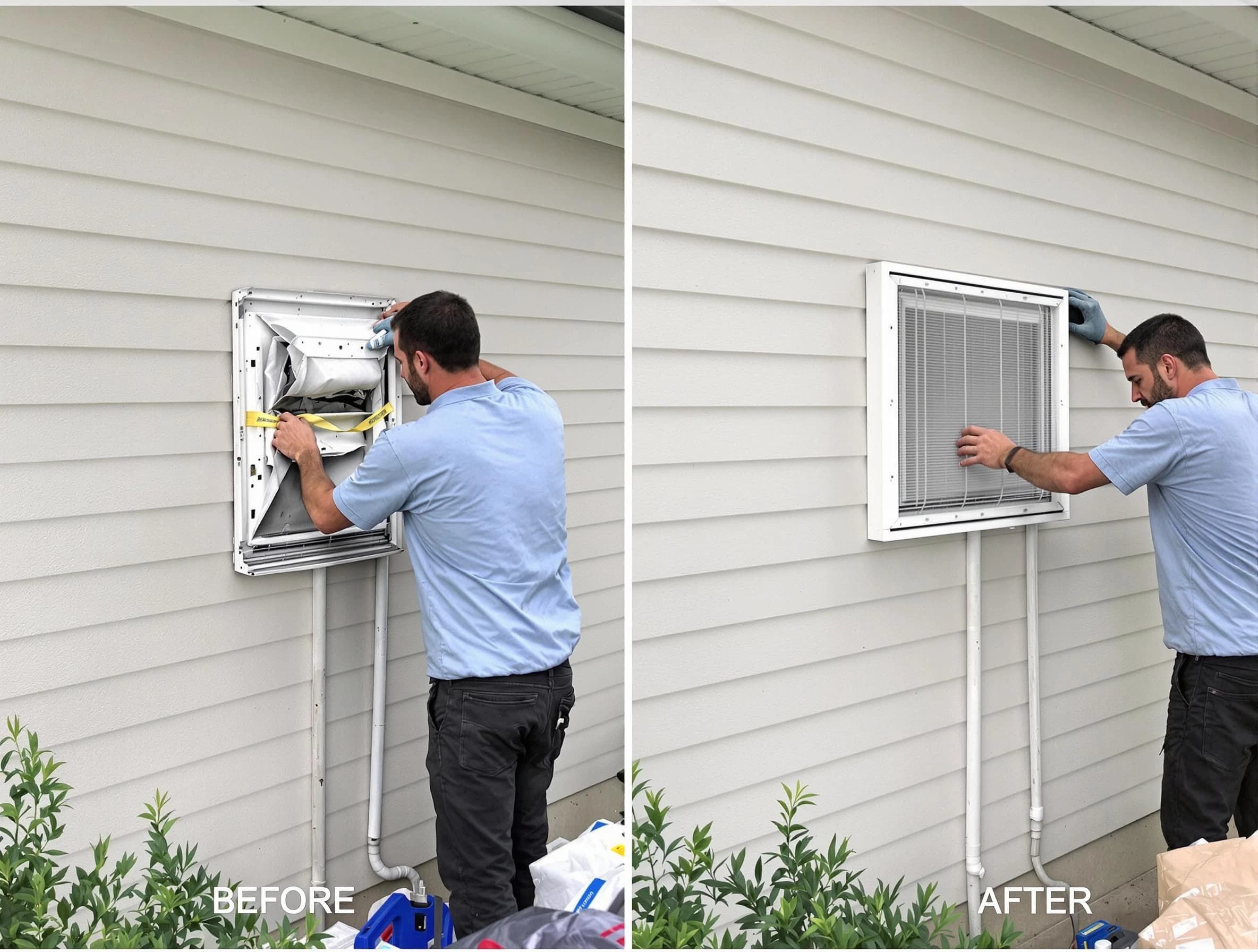 Portland Dryer Vent Cleaning technician installing high-quality dryer vent cover at a residential property in Portland